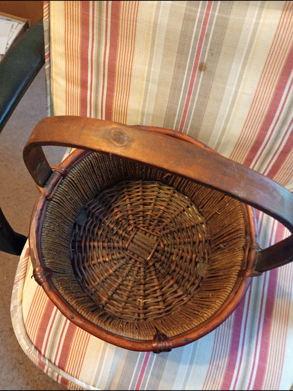 Handwoven Brown Wicker with Wooden Handle 1900 Chinese Lacquered Harvest Basket.